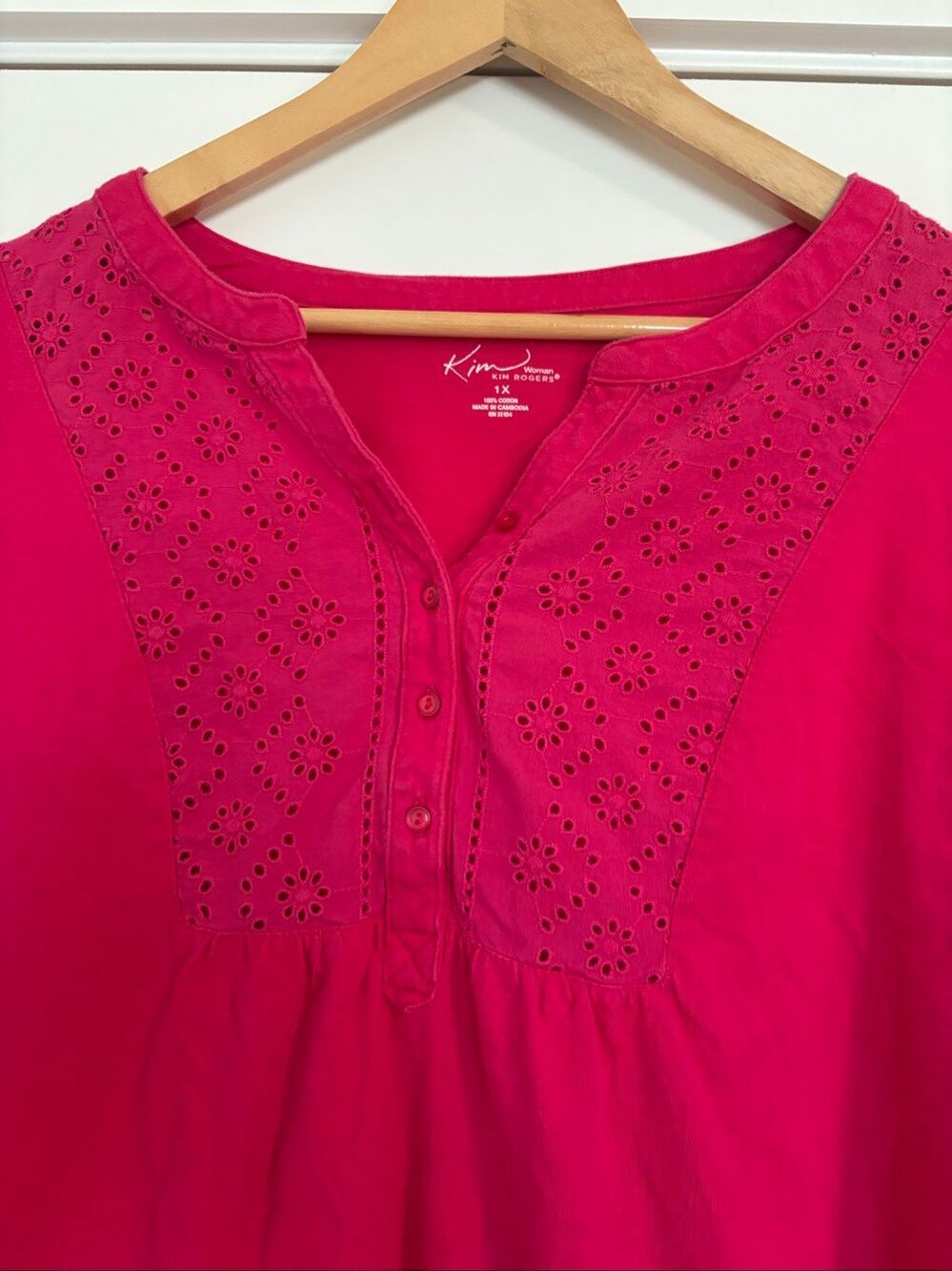 Kim Rogers Pink Eyelet Embroidered 3/4 Sleeve Peasant Blouse Top Size 1X - Picture 4 of 5